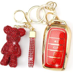 Cute Key Fob Cover with Rhinestone Bear Charm, Bling TPU Smart Key Case for Women, Compatible with Toyota Hilux Corolla Land Cruiser Venza RAV4 prime Sienna Fortuner (4-Button, Gold White) in Kuwait