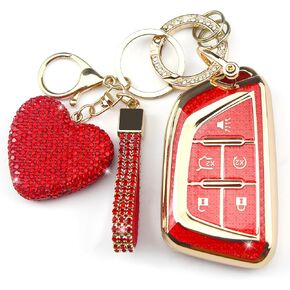Key Fob Cover with Diamond Keychain Car Key Holder Case Compatible with Cadillac Escalade CT4 CT6 CT5 XTS XT4 XT5 ATS 2020-2023 Smart Remote Key Protector for Women, 5 Buttons (Pink-Heart) in Kuwait