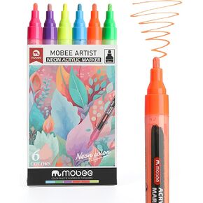 Neon Acrylic Paint Markers, 6 Bright Colors, 3mm Medium Tip, High Opacity Acrylic Paint Pens, Non Toxic, Smooth Ink Flow for Rock Painting, Wood, Glass, Fabric, Canvas, Metal, DIY Art Crafts in Kuwait