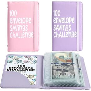 2Pcs 100 Envelopes Money Saving Challenge, Motivational Savings Challenge Binder, Durable Cash Organizer with Inspiring Quotes, Savings Challenges Book to Plan and Save $5,050(Black+blue) in Kuwait