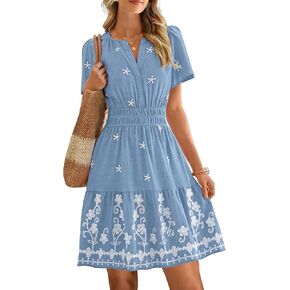 Simplee Womens Summer Mini Dress V Neck Short Sleeve Embroidery Wedding Guest Dress A Line Boho Dress with Pockets in Kuwait