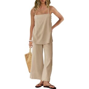 Panadila 2 Piece Linen Set Summer Travel Beach Vacation Outfit Sexy Spaghetti Strap Tank Top and Pants with Pockets in Kuwait
