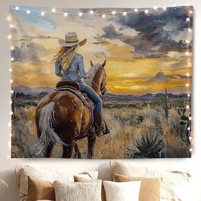 MKYFHSVGD Western Horse Cowgirl Tapestry Wall Hanging, Abstract Boho Sunset Desert Landscape Country Cowgirl Wall Tapestry for Girls Bedroom Living Room Home Decorations, 50x60 Inch in Saudi Arabia