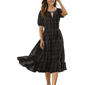 YESNO Womens Summer Floral Boho Flowy Midi Dresses Casual Puff Sleeve Elastic Waist A-Line Swing Beach Dress with Pocket ECV in Kuwait