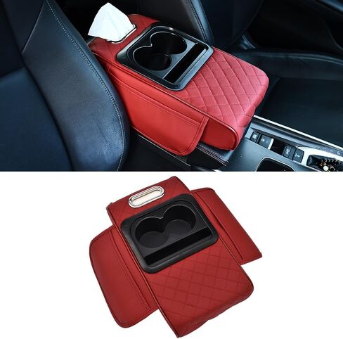 JSCARLIFE Car Center Console Armrest Cover with Cup Holder, Leather Car Armrest Storage Box and Tissue Box, Universal Car Armrest Box Pillow Protector for Most Vehicles Ideal for Family Trips (Red) in Kuwait