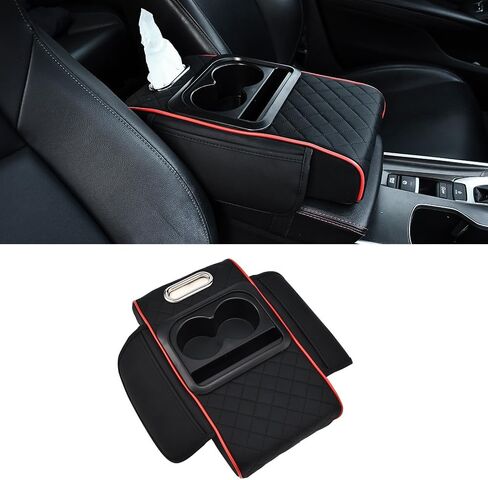 JSCARLIFE Car Center Console Armrest Cover with Cup Holder, Leather Car Armrest Storage Box and Tissue Box, Universal Car Armrest Box Pillow Protector for Most Vehicles Ideal for Family Trips (Red) in Saudi Arabia