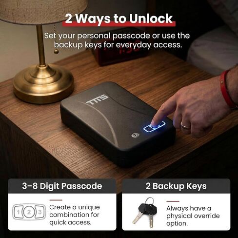 TMS مسدس محمول آمن مع لوحة مفاتيح بإضاءة خلفية، رمز مرور مكون من 3-8 أرقام ومفاتيح احتياطية، مسدس سفر آمن مع كابل أمان، صندوق قفل مسدس مدمج للسيارة، المنضدة، الفندق in Kuwait