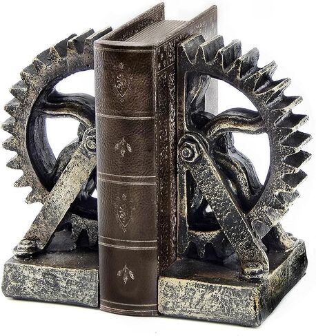 Bellaa 25662 Decorative Bookend Gear Book Ends Industrial Rustic Vintage Unique Heavy Statues Bookshelves Stopper Support Home Decor Accents in Kuwait