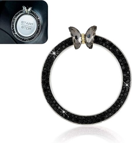 Bling Push Start Button Cover for Women, Sparkling Rhinestone Butterfly Car Engine Start Stop Button Ring, Girly Diamond Ignition Knob Emblem Decoration, Car Interior Accessories (Black) in Kuwait