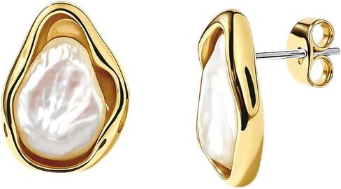 Altitude Boutique Baroque Pearl Stud Earrings | 11-15mm Genuine Freshwater Cultured Pearls in Bezel Setting | 14K Gold-Plated or Rhodium-Plated Bezel | Hypoallergenic Stainless Steel Ear Posts | Minimalist Everyday Jewelry for Women in Kuwait