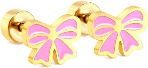 20g Pink Bow Flat Screw Back Small Stud Earrings for Women Minimalist Cute Surgical Steel Gold Plated Enamel Cartilage Tragus Piercing Sleeper Tiny Studs Hypoallergenic Birthday Gift for Daughter Bff Christmas in Saudi Arabia