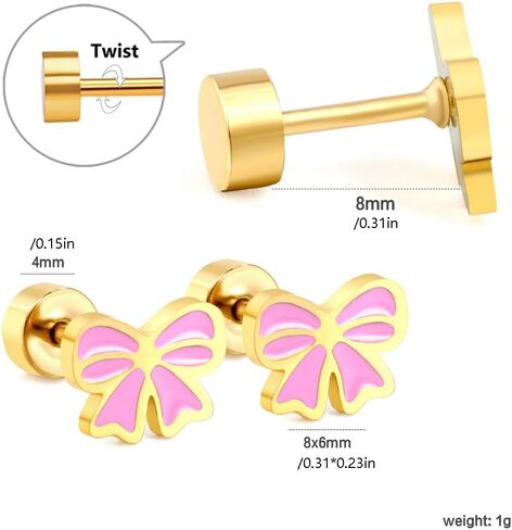 20g Pink Bow Flat Screw Back Small Stud Earrings for Women Minimalist Cute Surgical Steel Gold Plated Enamel Cartilage Tragus Piercing Sleeper Tiny Studs Hypoallergenic Birthday Gift for Daughter Bff Christmas in Saudi Arabia