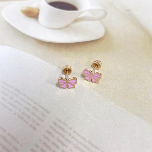 20g Pink Bow Flat Screw Back Small Stud Earrings for Women Minimalist Cute Surgical Steel Gold Plated Enamel Cartilage Tragus Piercing Sleeper Tiny Studs Hypoallergenic Birthday Gift for Daughter Bff Christmas in Saudi Arabia