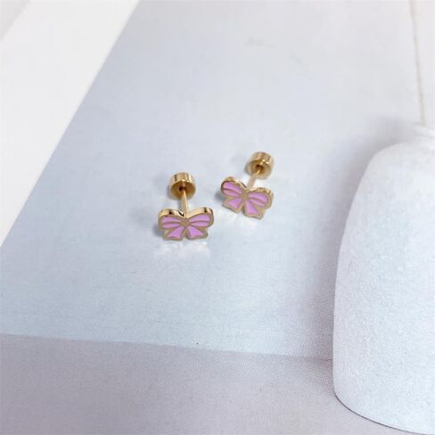 20g Pink Bow Flat Screw Back Small Stud Earrings for Women Minimalist Cute Surgical Steel Gold Plated Enamel Cartilage Tragus Piercing Sleeper Tiny Studs Hypoallergenic Birthday Gift for Daughter Bff Christmas in Saudi Arabia