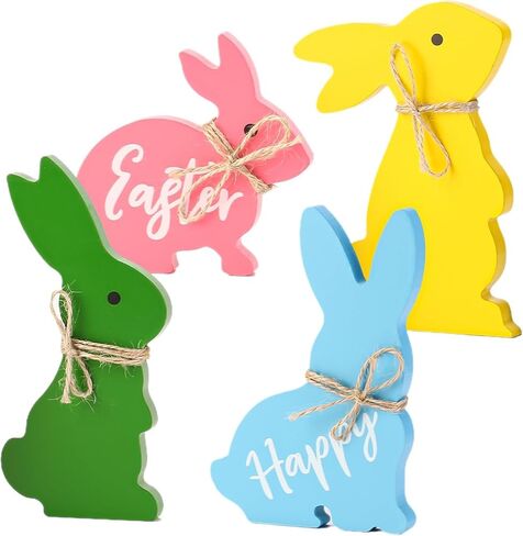 Wooden Cute Bunnies Easter Decorations for The Home Easter Table Decor,4PCS Cute Easter Bunny Decor with Jute Twine Bow Spring Decorations Easter Tiered Tray for Party Favors in Kuwait