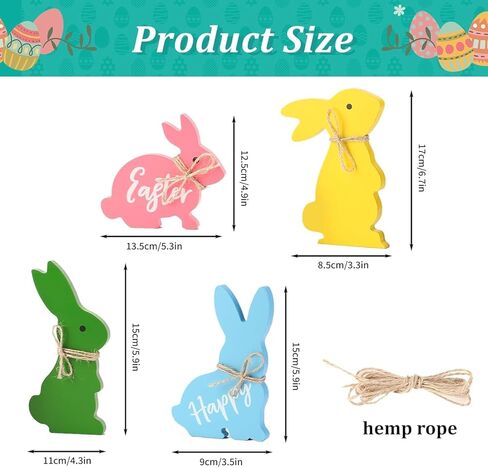Wooden Cute Bunnies Easter Decorations for The Home Easter Table Decor,4PCS Cute Easter Bunny Decor with Jute Twine Bow Spring Decorations Easter Tiered Tray for Party Favors in Kuwait