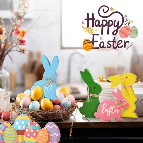 Wooden Cute Bunnies Easter Decorations for The Home Easter Table Decor,4PCS Cute Easter Bunny Decor with Jute Twine Bow Spring Decorations Easter Tiered Tray for Party Favors in Kuwait