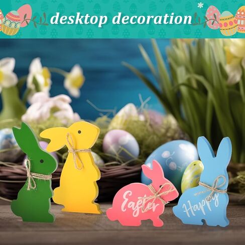Wooden Cute Bunnies Easter Decorations for The Home Easter Table Decor,4PCS Cute Easter Bunny Decor with Jute Twine Bow Spring Decorations Easter Tiered Tray for Party Favors in Kuwait