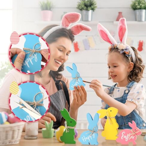 Wooden Cute Bunnies Easter Decorations for The Home Easter Table Decor,4PCS Cute Easter Bunny Decor with Jute Twine Bow Spring Decorations Easter Tiered Tray for Party Favors in Kuwait