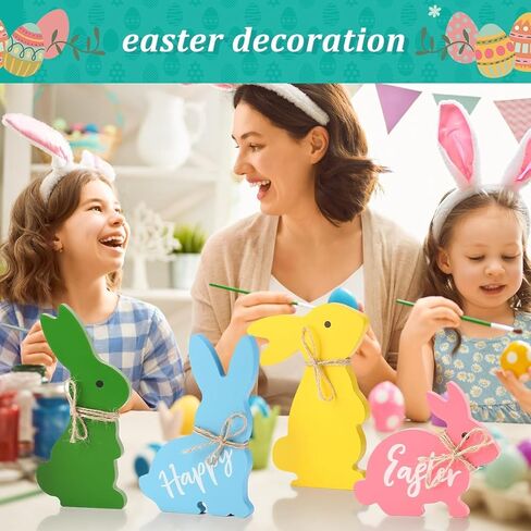 Wooden Cute Bunnies Easter Decorations for The Home Easter Table Decor,4PCS Cute Easter Bunny Decor with Jute Twine Bow Spring Decorations Easter Tiered Tray for Party Favors in Kuwait