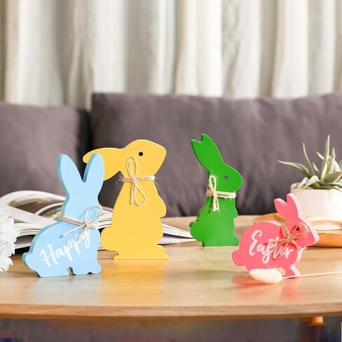 Wooden Cute Bunnies Easter Decorations for The Home Easter Table Decor,4PCS Cute Easter Bunny Decor with Jute Twine Bow Spring Decorations Easter Tiered Tray for Party Favors in Kuwait