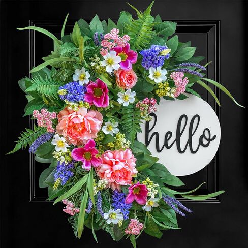 24 Inch Spring Wreath for Front Door with Wooden Welcome Sign, Artificial Peony, Rose, Lavender & Hydrangea Flowers, Spring and Summer Door Wreath for Indoor Outdoor Decor in Saudi Arabia