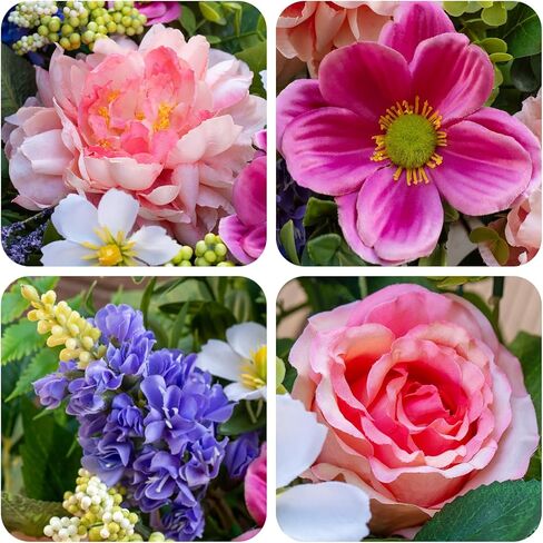 24 Inch Spring Wreath for Front Door with Wooden Welcome Sign, Artificial Peony, Rose, Lavender & Hydrangea Flowers, Spring and Summer Door Wreath for Indoor Outdoor Decor in Saudi Arabia