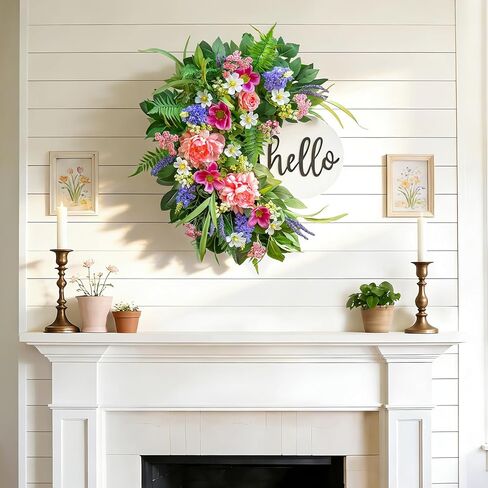 24 Inch Spring Wreath for Front Door with Wooden Welcome Sign, Artificial Peony, Rose, Lavender & Hydrangea Flowers, Spring and Summer Door Wreath for Indoor Outdoor Decor in Saudi Arabia