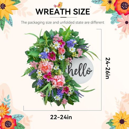 24 Inch Spring Wreath for Front Door with Wooden Welcome Sign, Artificial Peony, Rose, Lavender & Hydrangea Flowers, Spring and Summer Door Wreath for Indoor Outdoor Decor in Saudi Arabia