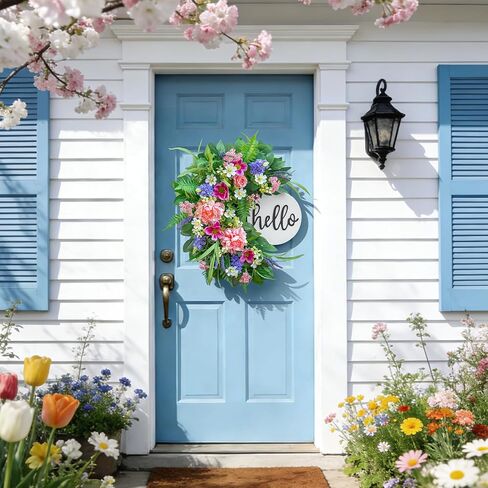24 Inch Spring Wreath for Front Door with Wooden Welcome Sign, Artificial Peony, Rose, Lavender & Hydrangea Flowers, Spring and Summer Door Wreath for Indoor Outdoor Decor in Saudi Arabia