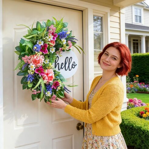 24 Inch Spring Wreath for Front Door with Wooden Welcome Sign, Artificial Peony, Rose, Lavender & Hydrangea Flowers, Spring and Summer Door Wreath for Indoor Outdoor Decor in Saudi Arabia