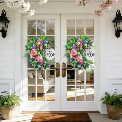24 Inch Spring Wreath for Front Door with Wooden Welcome Sign, Artificial Peony, Rose, Lavender & Hydrangea Flowers, Spring and Summer Door Wreath for Indoor Outdoor Decor in Saudi Arabia