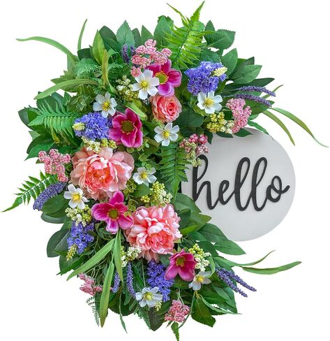 24 Inch Spring Wreath for Front Door with Wooden Welcome Sign, Artificial Peony, Rose, Lavender & Hydrangea Flowers, Spring and Summer Door Wreath for Indoor Outdoor Decor in Saudi Arabia