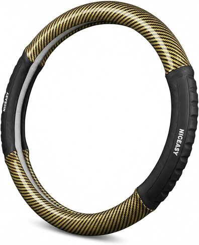 Sport Race Golden Leather Steering Wheel Cover with Black Grip Strip Anti-Slip Universal Fit for 14.75-15 inch Steering Wheel in Saudi Arabia