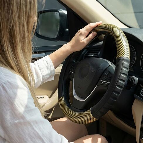 Sport Race Golden Leather Steering Wheel Cover with Black Grip Strip Anti-Slip Universal Fit for 14.75-15 inch Steering Wheel in Saudi Arabia
