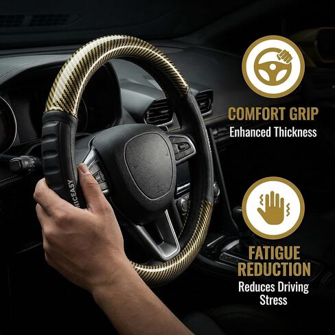 Sport Race Golden Leather Steering Wheel Cover with Black Grip Strip Anti-Slip Universal Fit for 14.75-15 inch Steering Wheel in Saudi Arabia
