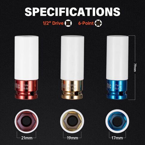 4-piece Impact Lug Nut Socket Set,1/2" Drive, Metric 17-19-21-22 mm, Thin Wall with Colored Covers, 6 Point, Wheel Lug Nut Sockets with Protective Sleeve with Non-Marring Rim Guard in Kuwait