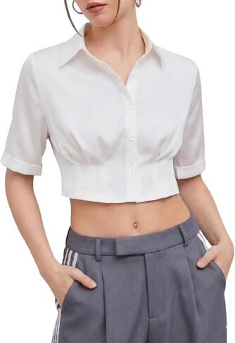 SUNNOW Women's Pleated Waist Crop Shirt Short Sleeve Button Down Blouse with Rolled Cuffs for Casual & Office Wear in Saudi Arabia