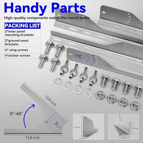 حامل تثبيت اللوحة الشمسية Voltset: دعامة زاوية قابلة للتعديل من الفولاذ الخالد مقاس 13.8 بوصة - قضبان تثبيت على الرف مع الأجهزة، متوافقة مع التركيب ضمن لوحة شمسية 200 وات للجدار والسقف والمركبات الترفيهية والقارب in Kuwait