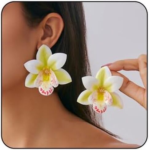 Colorful Orchid Flower Stud Earrings for Women Exaggerated Big Flower Floral Earrings Vibrant Orange Orchid Flowers Earring Boho Floral Earring Trendy Statement Jewelry in Saudi Arabia