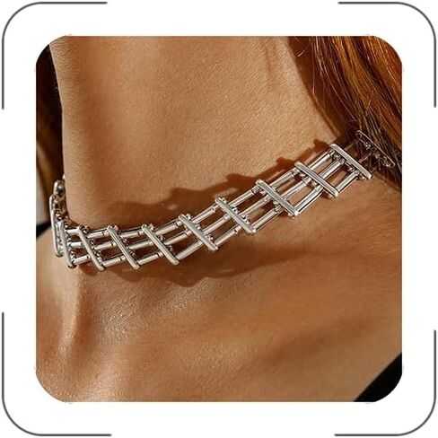 Punk Chunky Link Choker for Women 14K Gold Plating Statement Necklaces Gold Silver Wide Mesh Chain Necklace Hollow Out Chain Jewelry in Kuwait