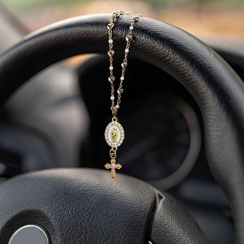 Steering Wheel Rosary Charm, Car Rosary with Virgin Mary Charm & Cross, Religious Hanging Pendant for Steering Wheel, Rearview Mirror or Keychain, Car Decoration Present for Men Women (TypeA) in Kuwait