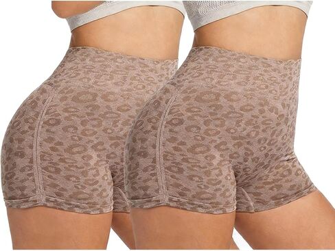 Athletic Shorts for Women Leopard-Print High-Waist Workout Shorts Butt Lifting Seamless Cycling Yoga Biker Short 2 Pack in Saudi Arabia