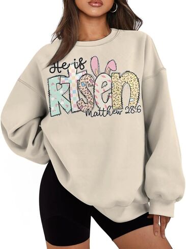 He is Risen Matthew Easter Sweatshirts for Women Oversized Graphic Tees Long Sleeve Crew Neck Tops Plus Size in Kuwait