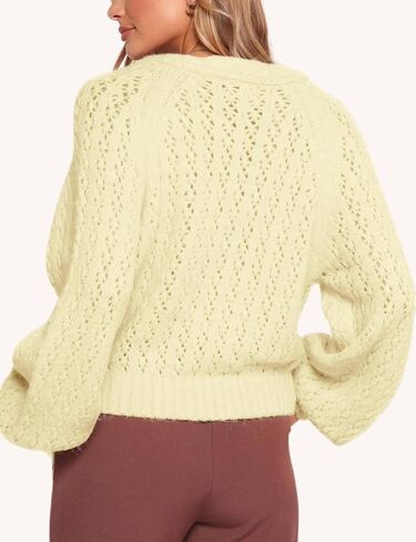 Esmeling Women Bow Tie Wrap Sweater V Neck Lantern Sleeves Knitwear Solid Pullover Cropped Cardigan in Saudi Arabia