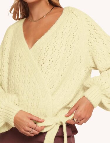 Esmeling Women Bow Tie Wrap Sweater V Neck Lantern Sleeves Knitwear Solid Pullover Cropped Cardigan in Saudi Arabia