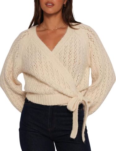 Esmeling Women Bow Tie Wrap Sweater V Neck Lantern Sleeves Knitwear Solid Pullover Cropped Cardigan in Kuwait