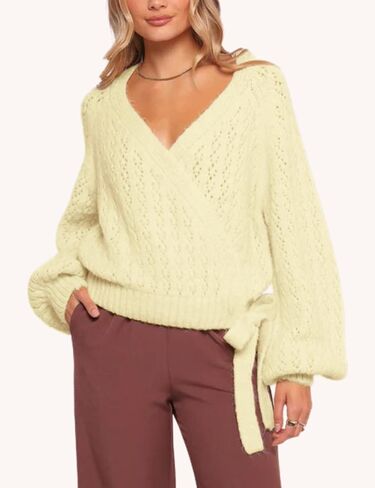 Esmeling Women Bow Tie Wrap Sweater V Neck Lantern Sleeves Knitwear Solid Pullover Cropped Cardigan in Saudi Arabia