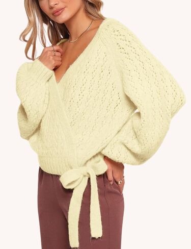 Esmeling Women Bow Tie Wrap Sweater V Neck Lantern Sleeves Knitwear Solid Pullover Cropped Cardigan in Saudi Arabia