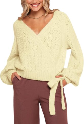 Esmeling Women Bow Tie Wrap Sweater V Neck Lantern Sleeves Knitwear Solid Pullover Cropped Cardigan in Saudi Arabia